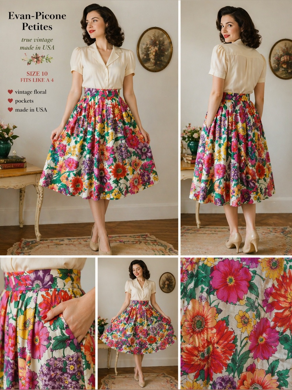 Evan Picone Petites skirt fits size 4  True vintage Made USA floral midi A line